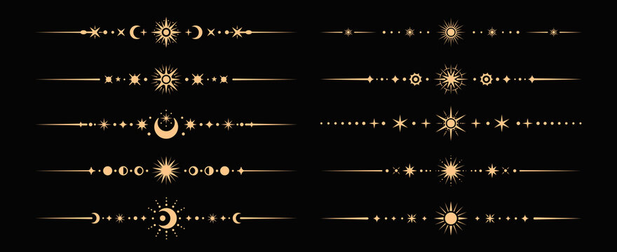 Celestial divider borders or underlines. Mystic vector dividers, linear fantasy elegant separator lines. Esoteric Boho frame borders or golden celestial underline spacers set with crescents and stars
