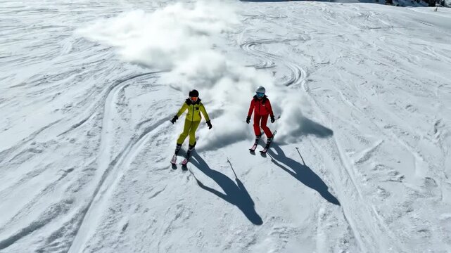 Two skiers in colorful ski suit carving down a snowy mountain slope kicking up powder snow vector illustration