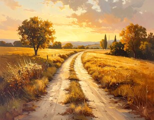 Dusty path winds through sunlit fields towards a distant horizon