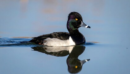Obraz premium Ring-Necked Duck Swimming Calmly in Blue Water Reflection.