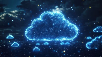 Glowing digital cloud floating with smaller clouds, dark sky