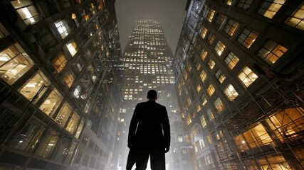 A solitary figure stands between towering glass canyons gazing up at illuminated skyscrapers tonight