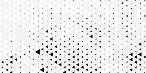Fading triangle halftone texture gradient pattern. Abstract diagonal geometric background. Tech mosaic triangular halfton gradation. Vector vanishing corner arrow wallpaper for banner, booklet, poster