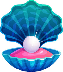 Cartoon ocean blue pearl shell or mollusk scallop. Sea bottom valuable isolated vector seashell, ocean nature rare pearl shell. Underwater life jewelry scallop mollusk or marine precious oyster clam