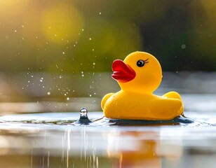 Close-up of a vibrant yellow rubber duck floating in the water