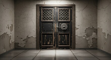 Empty square room with Old aged rustic wooden door painted in black with metallic lattices and decorative door handle and decor with floral pattern. Grunge aged wooden texture of framed door panels