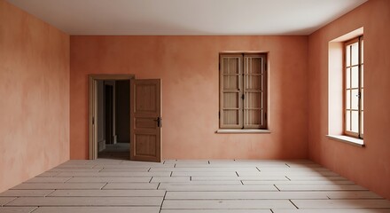 Empty square room with Wood door and windows with wooden shutters on peach colored wall