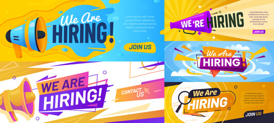 We are hiring, hire offer join to our team banners. We are hiring, job vacancy announcement social media post vector templates set of retro loudspeakers and megaphones with speech bubbles, HR themes