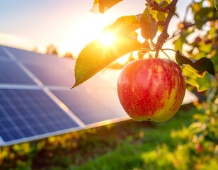 Close-up of ripe apple with sunlit solar panels in the backdrop