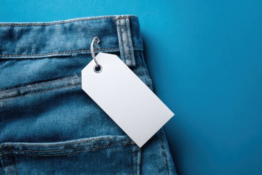 Blank price tag attached to the back pocket of blue denim jeans