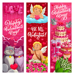 Obraz premium Happy valentines day holiday banners. Cartoon vector love and romantic vertical greeting cards featuring cute cupids, cats, hearts, flowers, wedding cake, wine glasses and and festive decorations