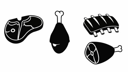 Black and white illustration of various cuts of meat for cooking.