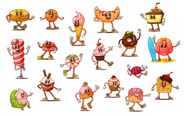 Fototapeta premium Cartoon groovy sweet and candy characters, vector retro dessert food personages with happy faces. Cute chocolate cake, ice cream, croissant and cupcake, funny groovy cookie, donut and waffle sweets