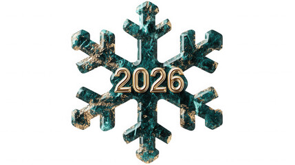 A textured snowflake with the year two thousand twenty six in gold on  on transparent background