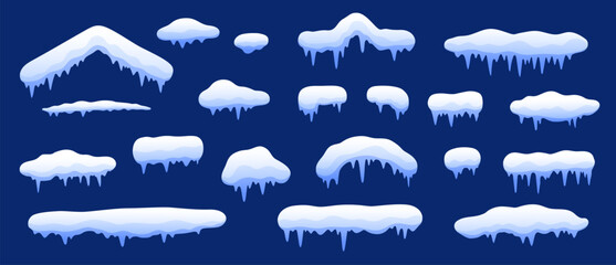 Cartoon winter snow ice caps and snowdrifts with frozen icicles. Vector Christmas winter holidays window frame and roof snow caps, ice piles and frost. Rooftop and edge snowdrifts with hanging icicles