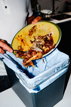 a person tips chicken and snails leftovers into the bin