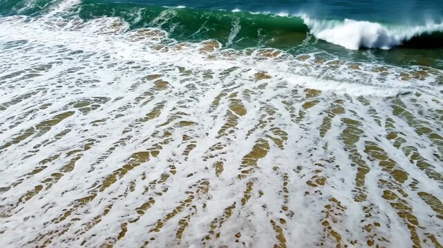 Aerial view of white ocean wave foam washing onto a wet, sandy beach shore with deep blue water vector illustration