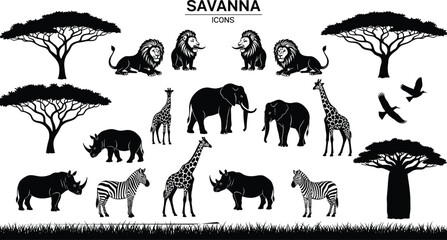 Fototapeta premium Black Vector Silhouettes of African Savanna Animals and Trees, Wildlife Lion, Elephant, Giraffe, Rhino, and Baobab Icons, Safari Graphic Design Collection, Isolated on White Background.