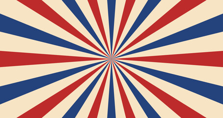 Carnival retro sunlight rays background layout. Vector vibrant circus themed backdrop pulsating with colorful radiating rays of muted blue, red and beige hues, exudes a nostalgic vibe of the past