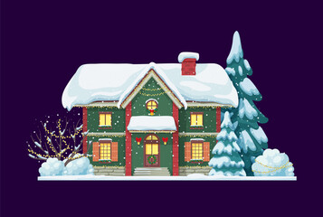 Christmas house in winter snow with snowy roof and lights in windows, cartoon vector. Town house at night decorated with Christmas lights garland, Xmas ribbon decorations on door and fir tree in snow