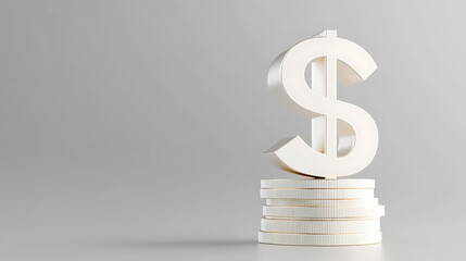 A crisp, minimalist image showcasing a bright white dollar sign perched atop a small stack of coins, all set against a clean, neutral background to highlight financial themes.