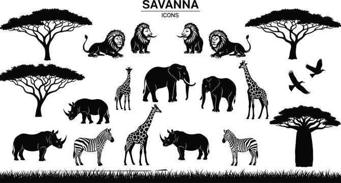 Black Vector Silhouettes of African Savanna Animals and Trees, Wildlife Lion, Elephant, Giraffe, Rhino, and Baobab Icons, Safari Graphic Design Collection, Isolated on White Background.