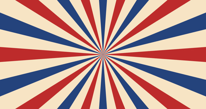Carnival retro sunlight rays background layout. Vector vibrant circus themed backdrop pulsating with colorful radiating rays of muted blue, red and beige hues, exudes a nostalgic vibe of the past