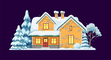 Naklejka premium Winter Christmas snowy house, yellow snowy cottage building. Vector village cabin with glowing windows, snow covered roof, colorful garlands and spruce trees around. Cozy traditional holiday night