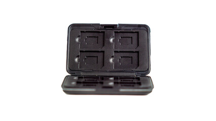Black memory card slot with white background. Slot to save memory card.