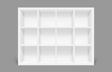 White empty bookshelf with a grid of twelve compartments. Realistic 3d vector mockup of minimalist and modern cabinet furniture for organization, storage or showcasing books and decorative items