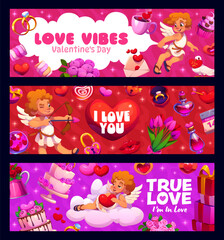 Naklejka premium Valentine day banners with cupids and hearts for love holiday, vector greeting quotes. Valentine day Love Vibes and I Love You phrases on banners with funny cherub angels, wedding cake and sweet candy