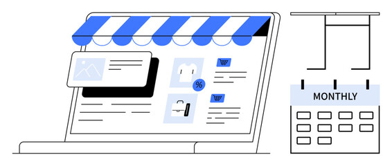 Laptop with storefront interface, products, discounts, and monthly subscription calendar. Ideal for e-commerce, retail, subscription models, digital marketing, online shopping product promotion