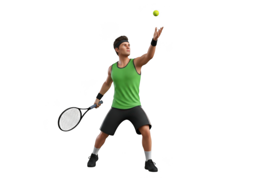 Male tennis player preparing to serve with racket and ball, isolated on black isolated on transparent background