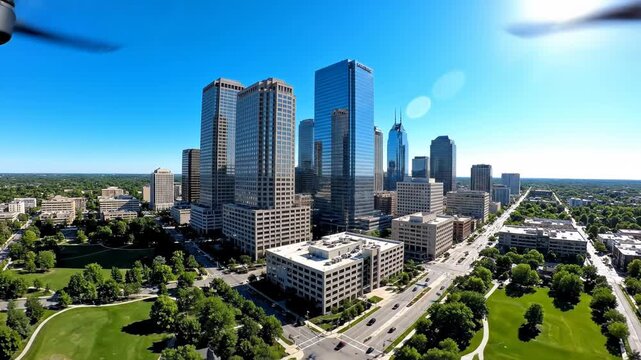 Aerial drone view of a modern city skyline with skyscrapers overlooking lush green parkland on a sunny day vector illustration