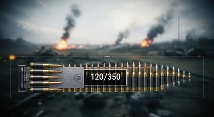 Ammunition counter displays remaining rounds linked in a belt against a backdrop of battlefield smoke and fire