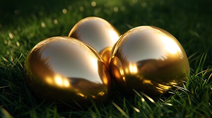 Three shiny golden eggs resting in lush green grass lit by sunlight