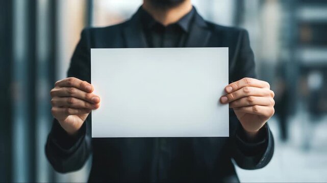 Man in suit holding blank paper in urban setting during daytime