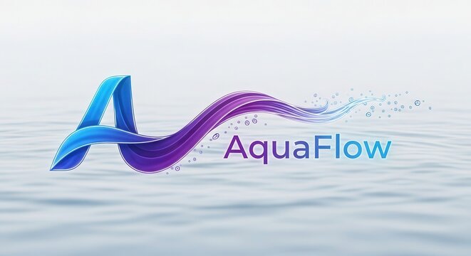 Stylized abstract letterform transitions into a flowing wave motif above rippling water