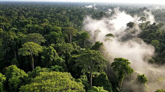 Aerial view of a dense tropical rainforest canopy with morning mist and fog rising above the trees vector illustration