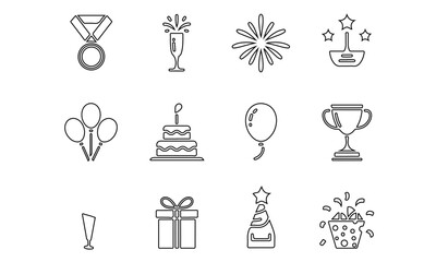 Anniversary event decoration items such as medal, champagne, cake, balloons, gift, confetti and firework isolated vector set