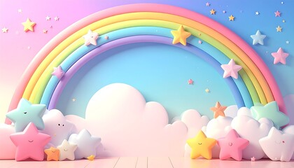 Naklejka premium Whimsical Pastel Rainbow Arch Over Fluffy Clouds and Stars.