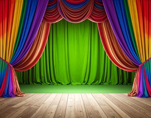 Empty stage with open rainbow-colored curtains and green backdrop