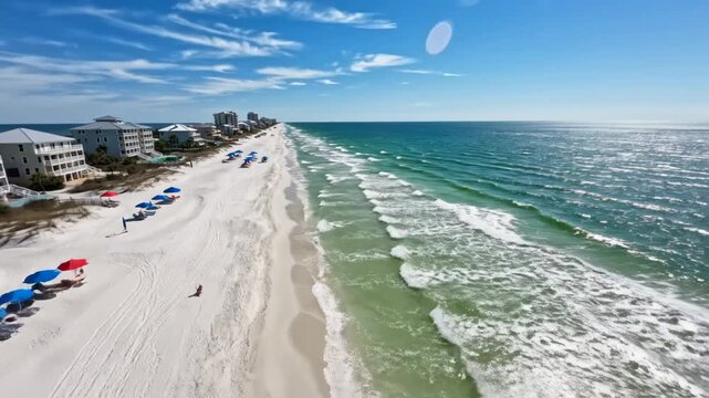 Aerial view of a long stretch of white sand beach with blue and red umbrellas and turquoise ocean water under a bright blue sky vector illustration
