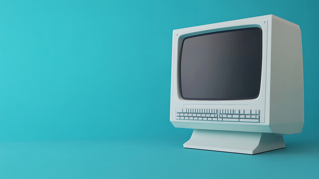 Vintage computer on a blue background evokes nostalgia. The monochrome palette highlights the retro tech era. A bygone era of computing brought to life.