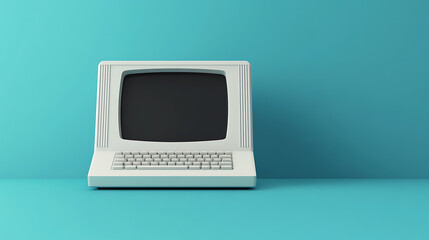 Retro personal computer on a turquoise background. A reminder of simpler times in technology, this antique PC invokes a sense of nostalgia and timeless design.