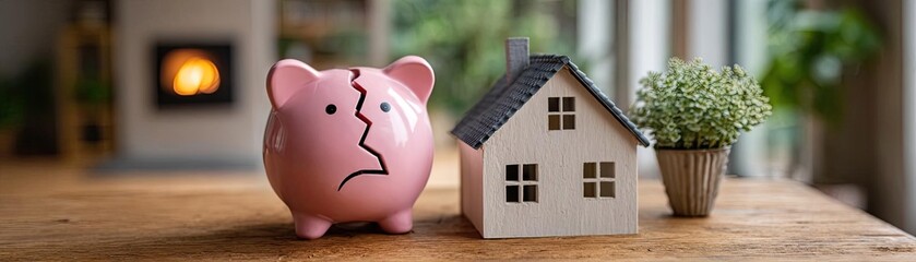 3D scene shows house and finance concept. A broken piggy bank symbolizes financial challenges at home.
