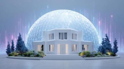 Obraz premium 3D scene shows house and finance concept. Futuristic building design with a glowing dome and greenery.