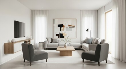 Elegant and spacious modern living room with a light grey sectional sofa, wooden coffee table, abstract art, and sheer white curtains, reflecting a minimalist and contemporary interior design.