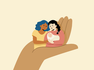 Lesbian couple mothers holding newborn baby on giant hand