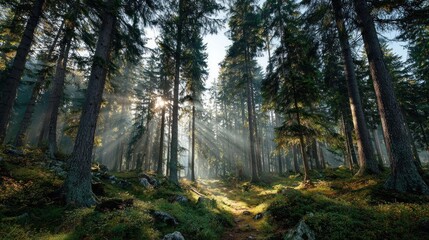 Obraz premium Sunlight streams through a tranquil forest, creating a breathtaking and vibrant landscape
